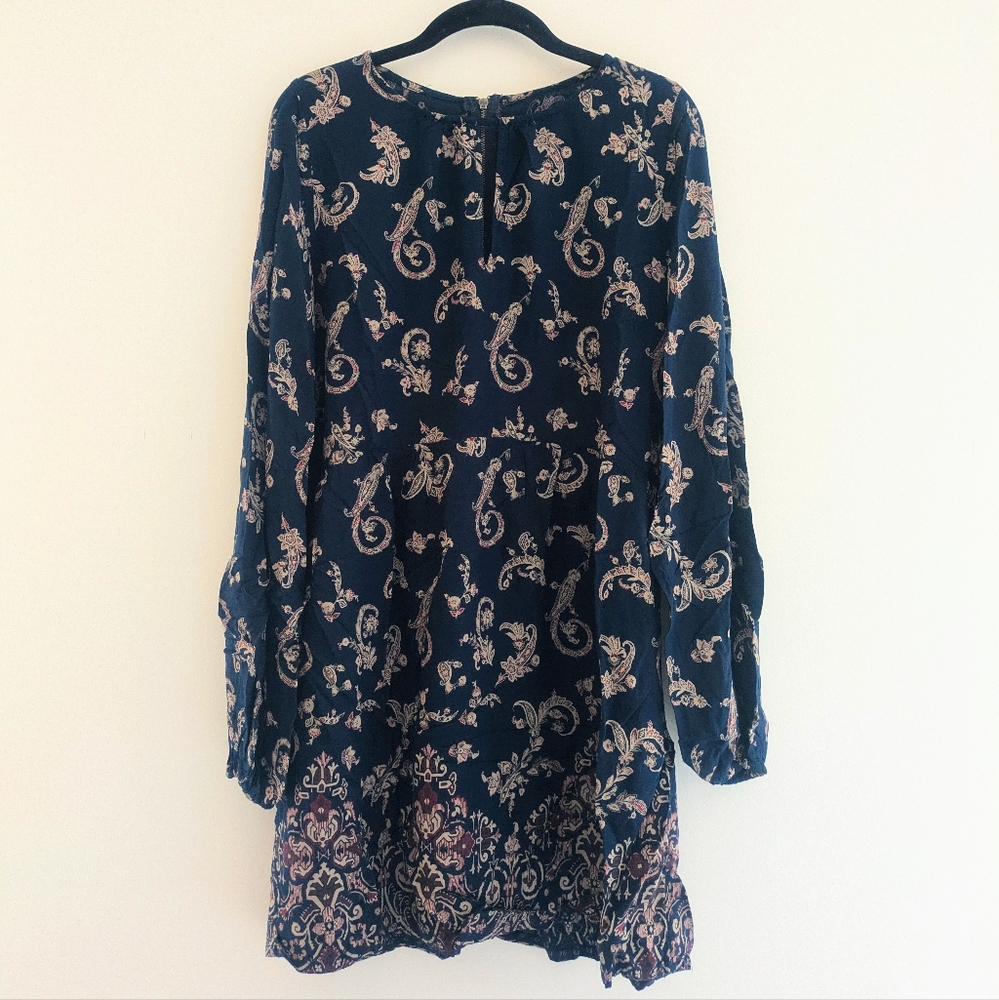 A&F Long Sleeve Paisley ,Keyhole Dress Navy Blue Boho Women's Size Medium